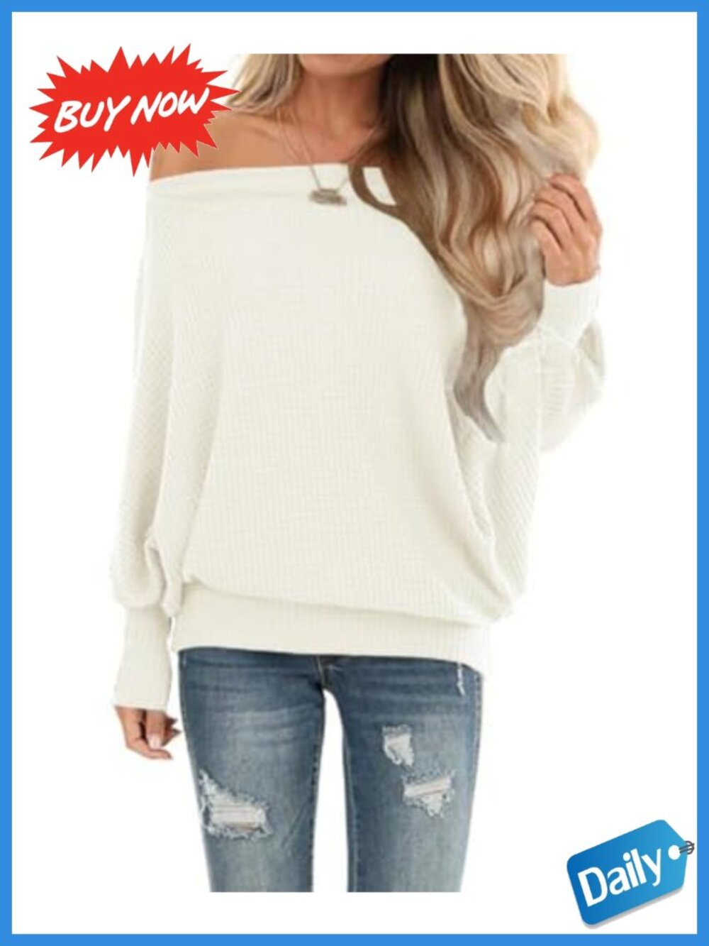 Waffle Knit Off The Shoulder Oversized Sweatshirt Batwing Long Sleeve Tunic